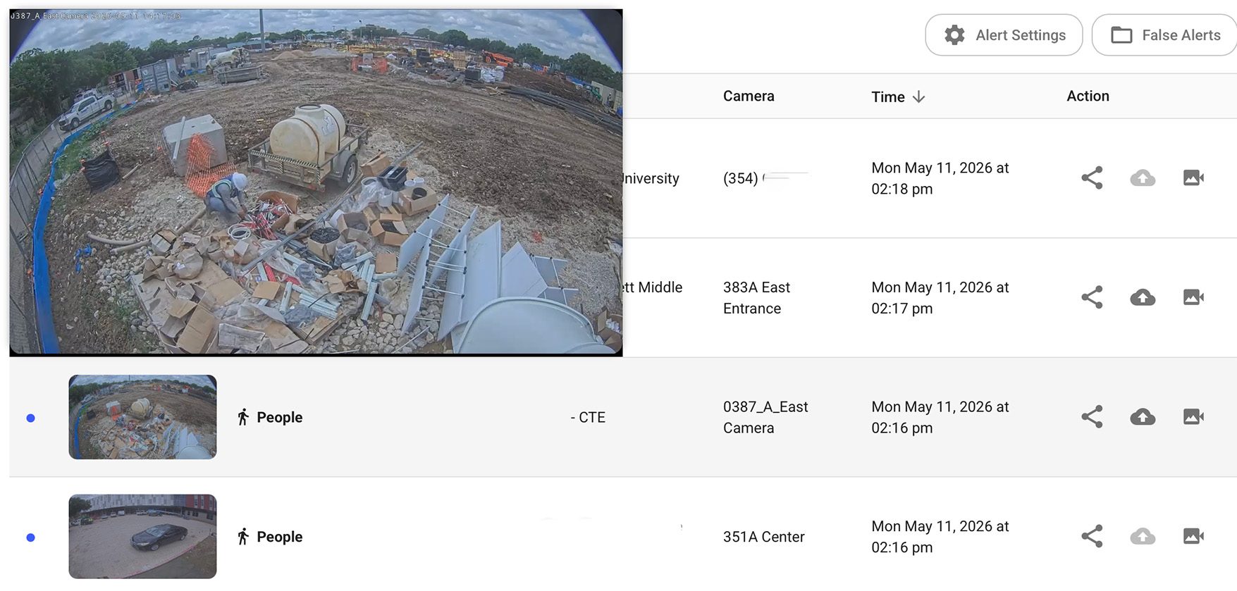 RVIN dashboard showing real-time alert log with site camera activity